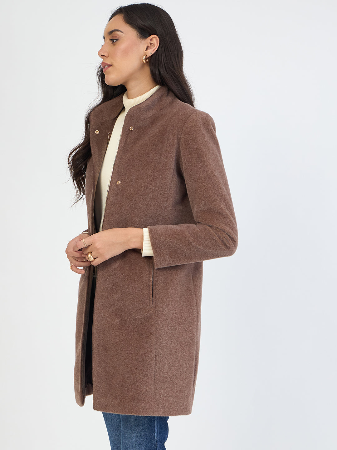 Mouse Brown Zip-Up Long Coat