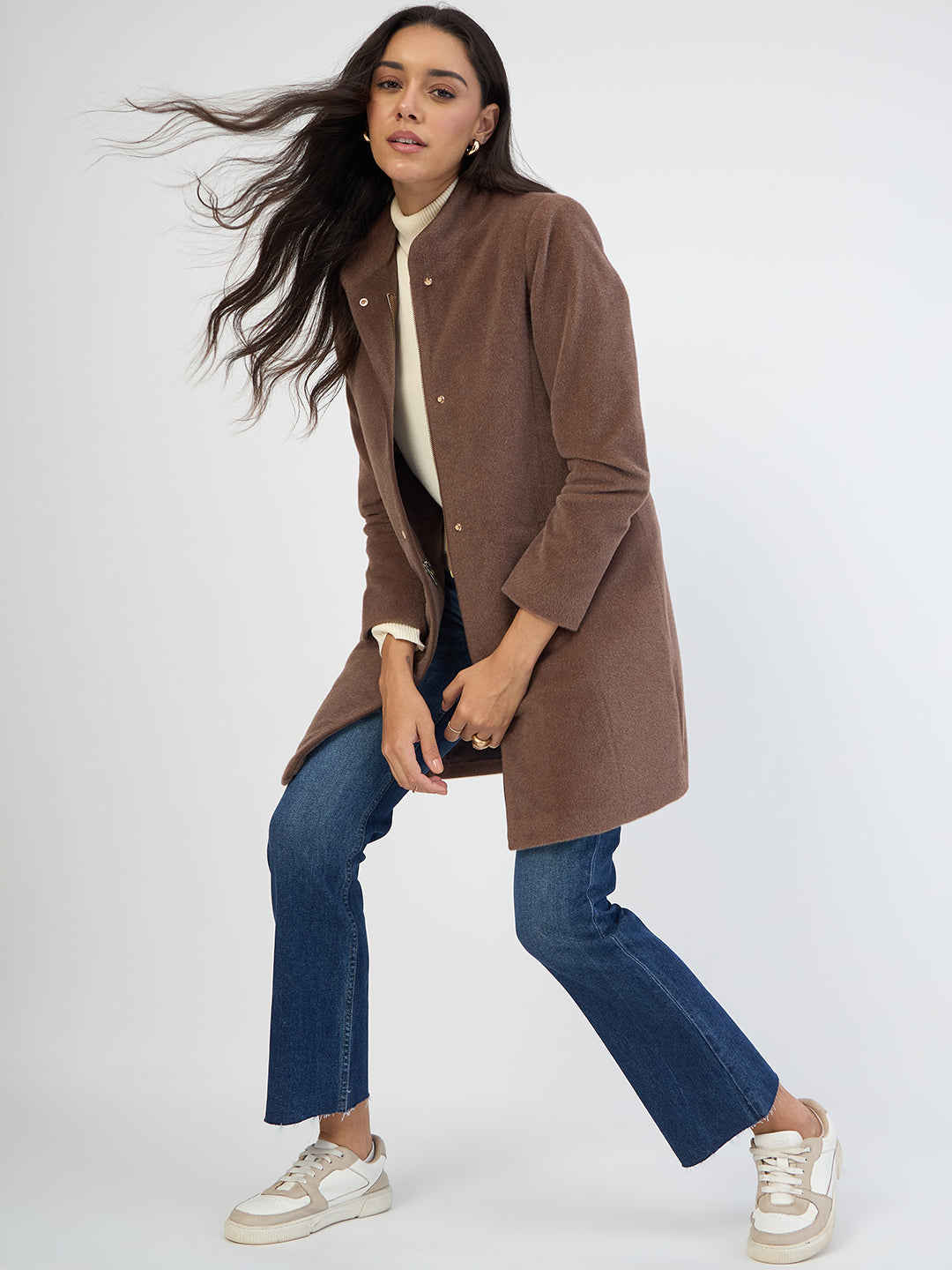 Mouse Brown Zip-Up Long Coat