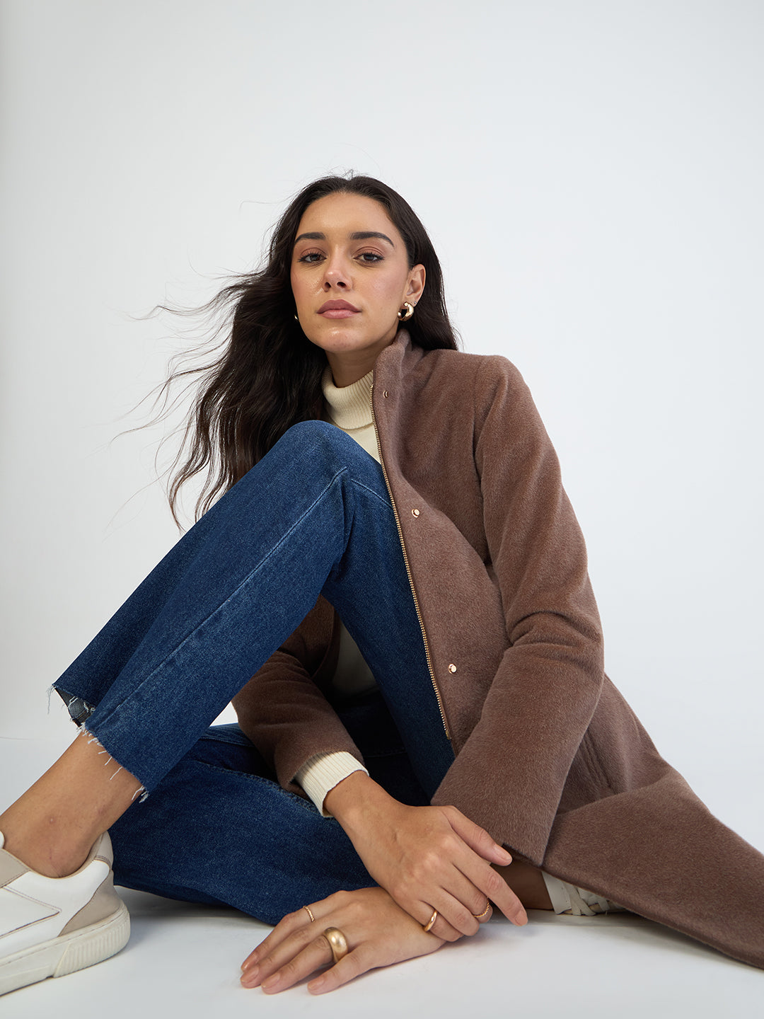 Mouse Brown Zip-Up Long Coat