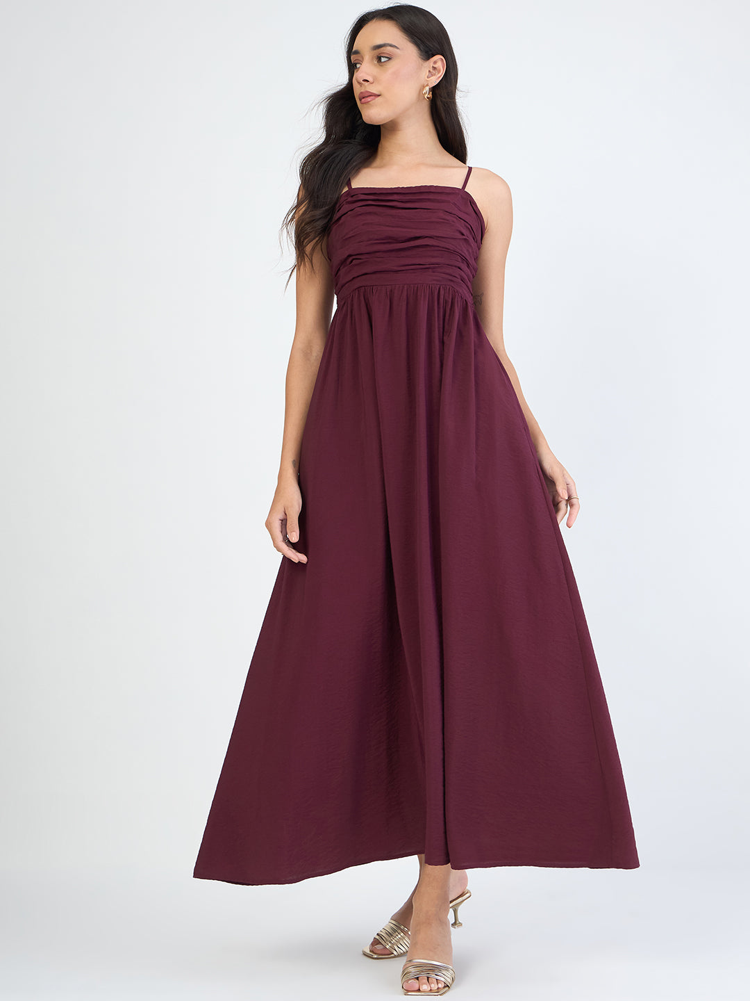 Wine Off Shoulder Ruched Detail Maxi Dress
