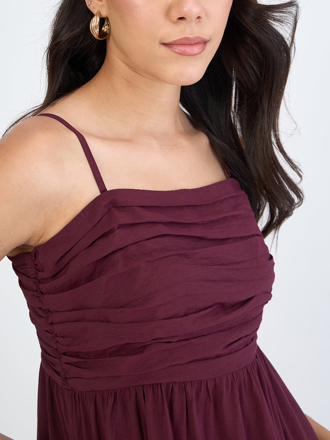 Wine Off Shoulder Ruched Detail Maxi Dress