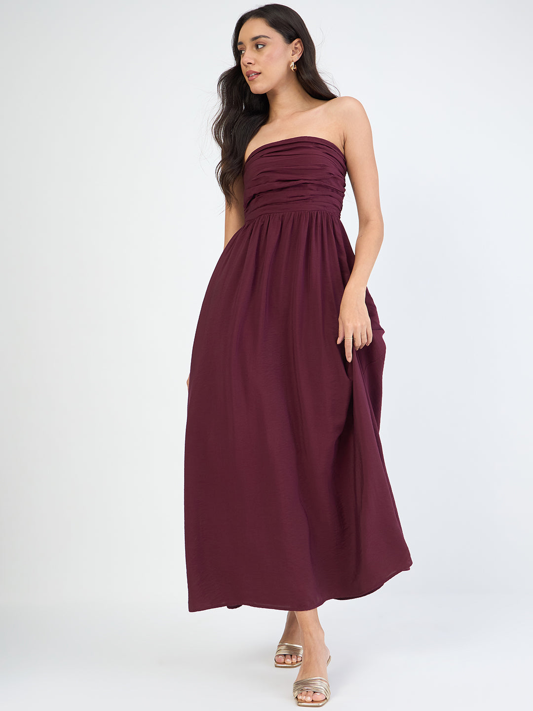 Wine Off Shoulder Ruched Detail Maxi Dress