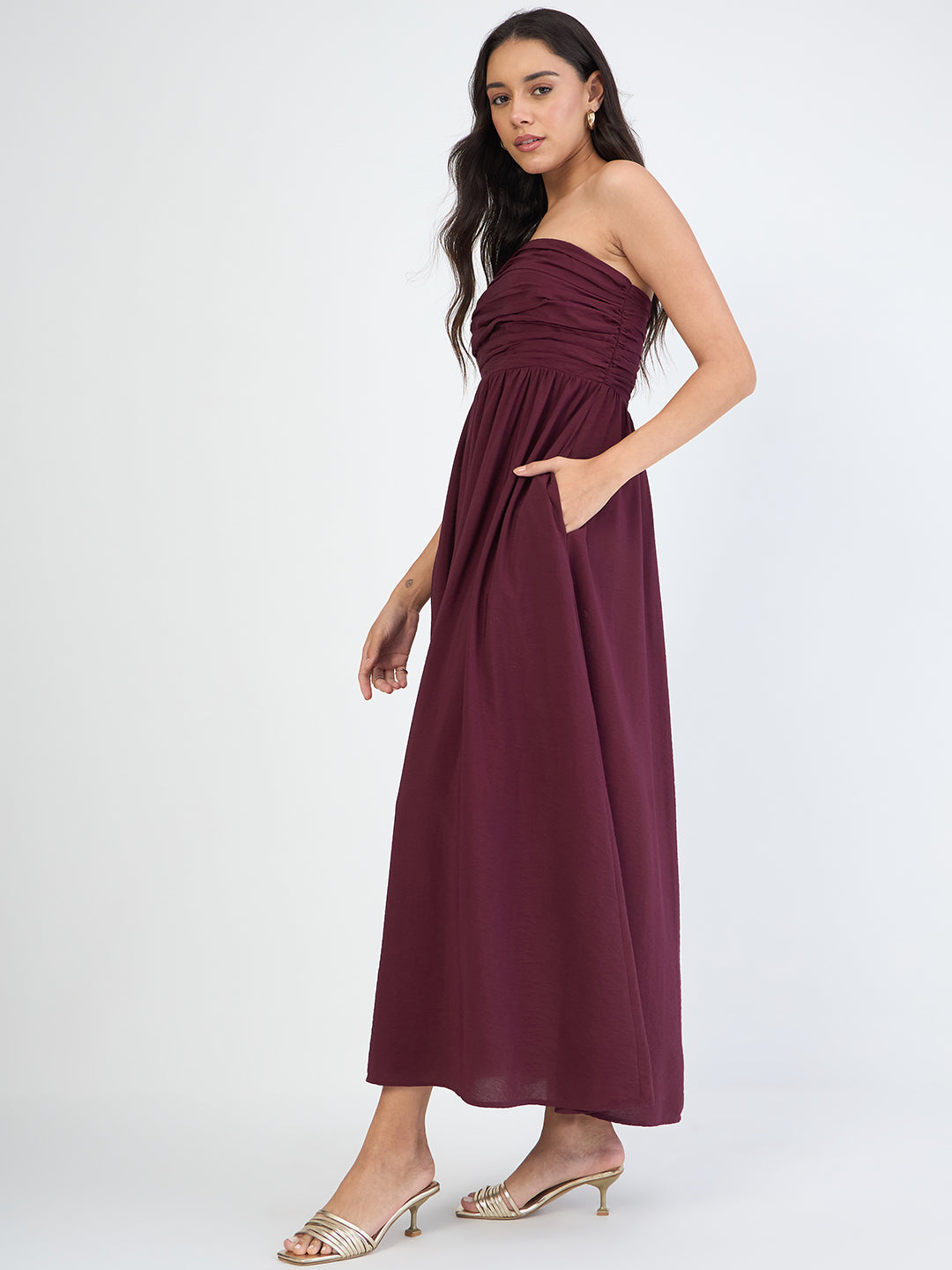 Wine Off Shoulder Ruched Detail Maxi Dress