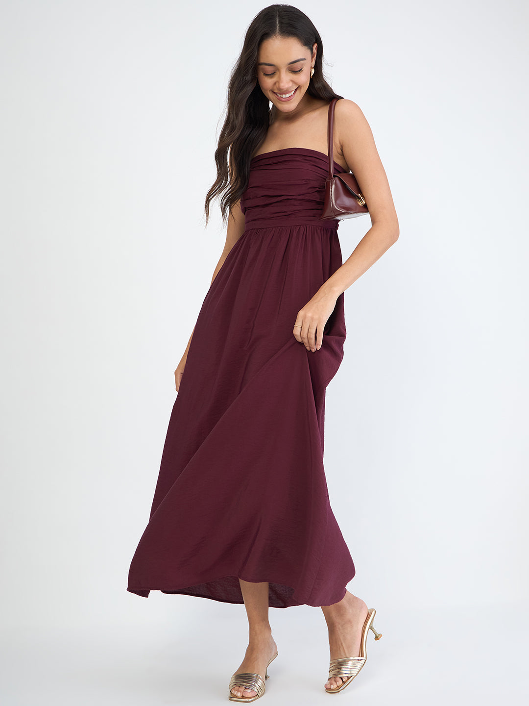 Wine Off Shoulder Ruched Detail Maxi Dress