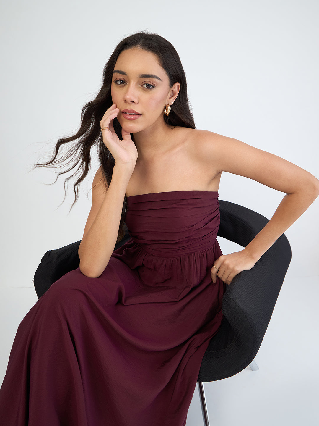 Wine Off Shoulder Ruched Detail Maxi Dress