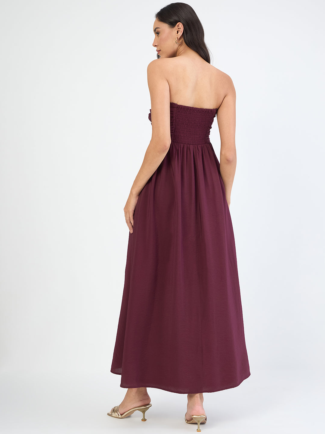 Wine Off Shoulder Ruched Detail Maxi Dress