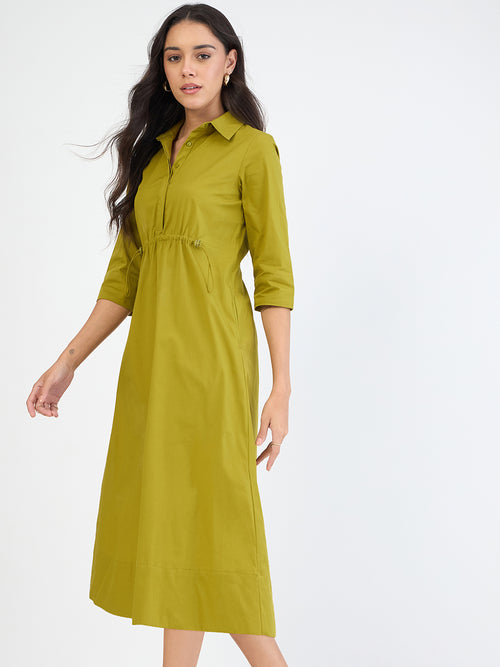 Citrine Green Poplin Cinched Waist Midi Dress
