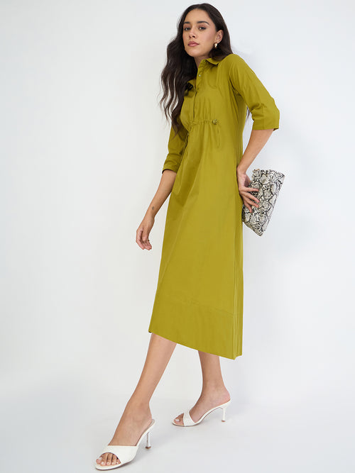 Citrine Green Poplin Cinched Waist Midi Dress