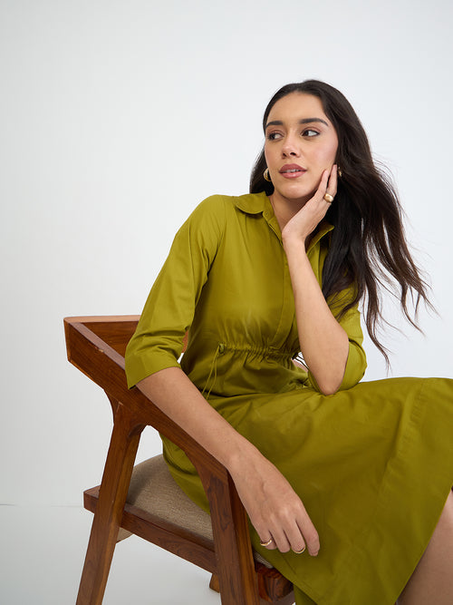 Citrine Green Poplin Cinched Waist Midi Dress