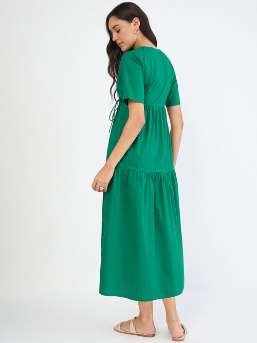 Emerald Green Poplin Tiered Maxi Dress