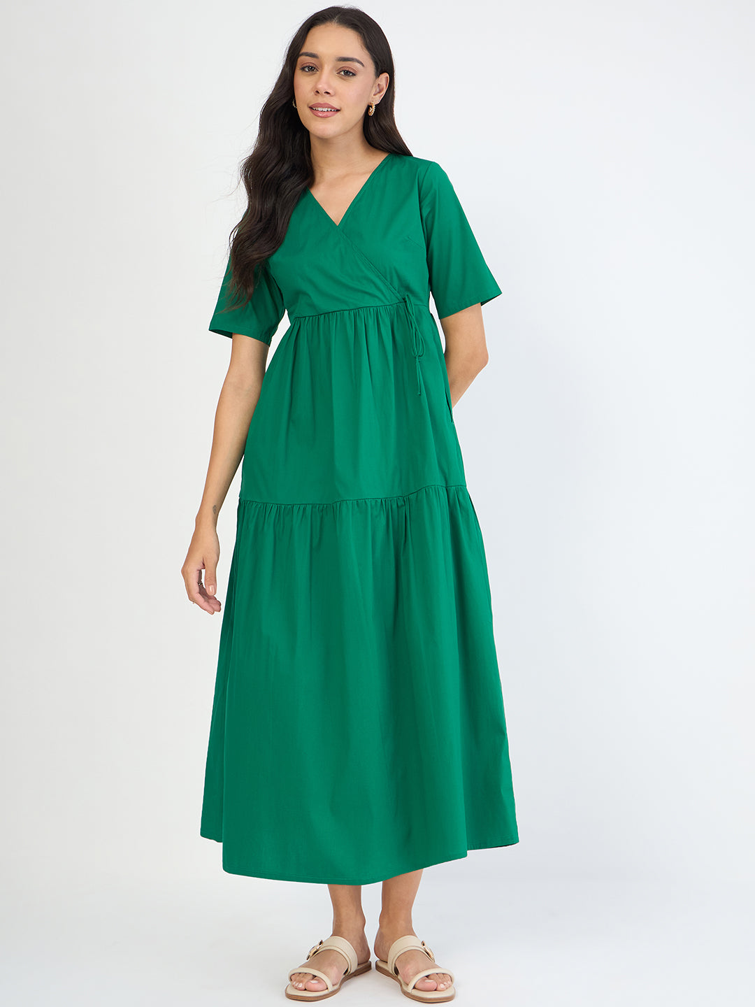 Emerald Green Poplin Tiered Maxi Dress