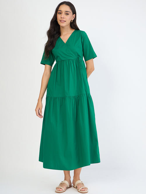 Emerald Green Poplin Tiered Maxi Dress