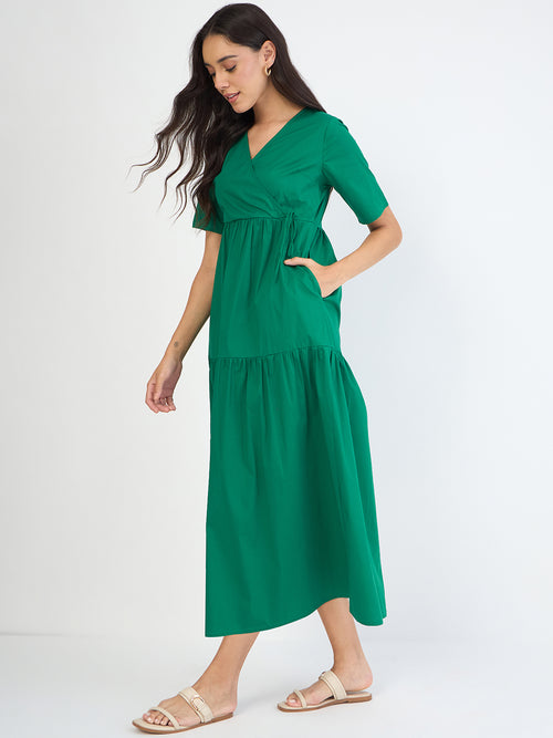 Emerald Green Poplin Tiered Maxi Dress