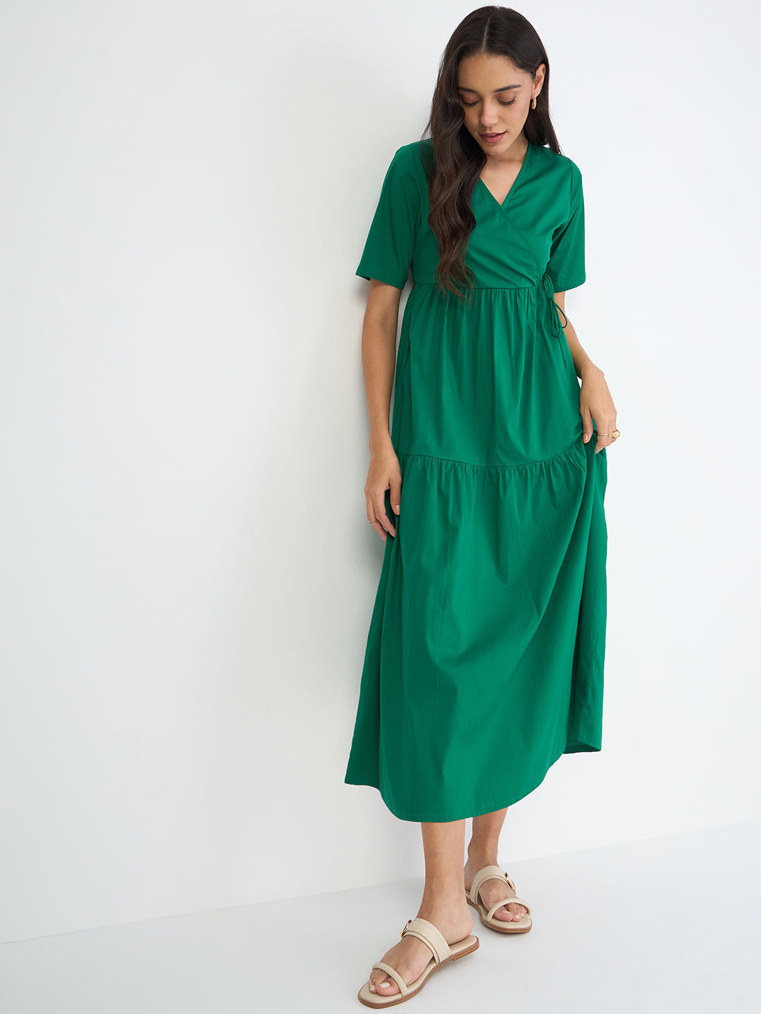 Emerald Green Poplin Tiered Maxi Dress