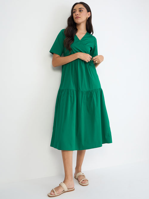Emerald Green Poplin Tiered Maxi Dress