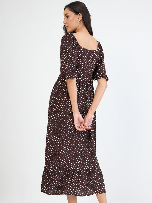 Brown Polka Sweetheart Neckline Maxi Dress
