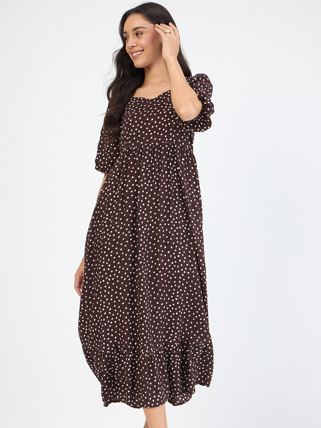 Brown Polka Sweetheart Neckline Maxi Dress