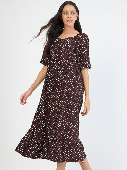 Brown Polka Sweetheart Neckline Maxi Dress