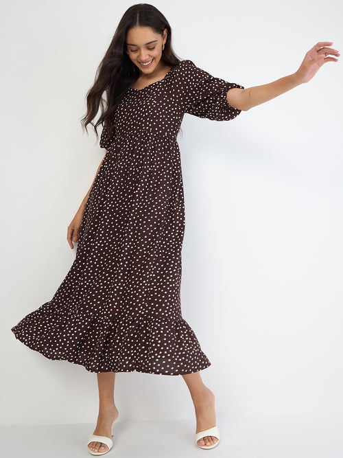 Brown Polka Sweetheart Neckline Maxi Dress