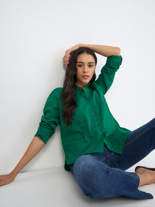 Emerald Green Poplin Pleated Shirt