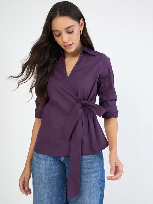 Deep Purple Poplin Wrap Top