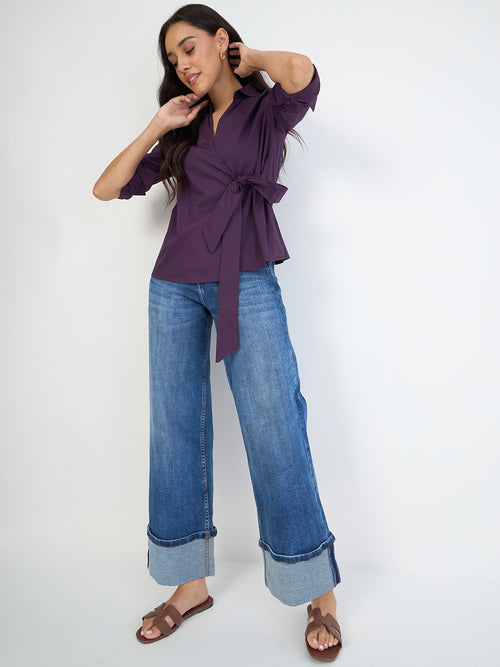 Deep Purple Poplin Wrap Top