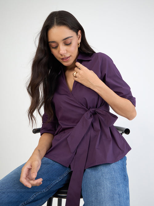Deep Purple Poplin Wrap Top