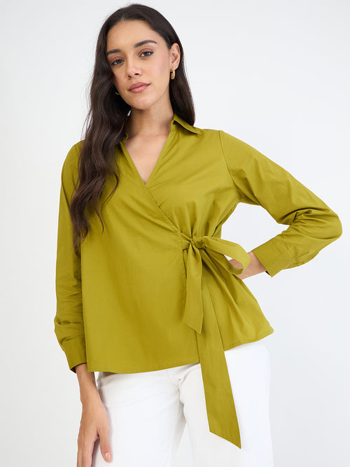 Citrine Green Poplin Wrap Top