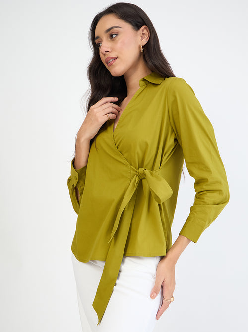 Citrine Green Poplin Wrap Top