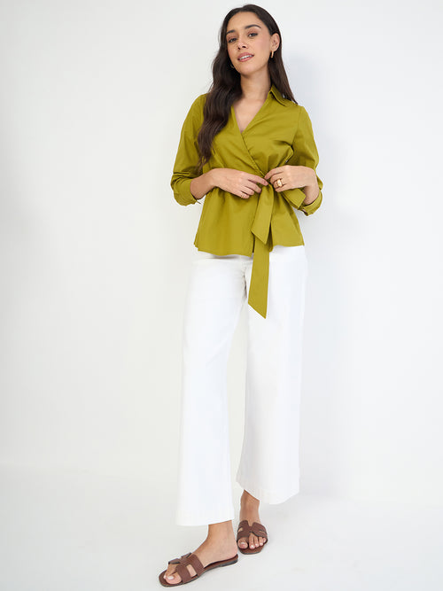 Citrine Green Poplin Wrap Top