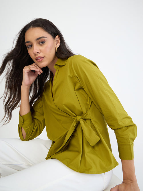 Citrine Green Poplin Wrap Top