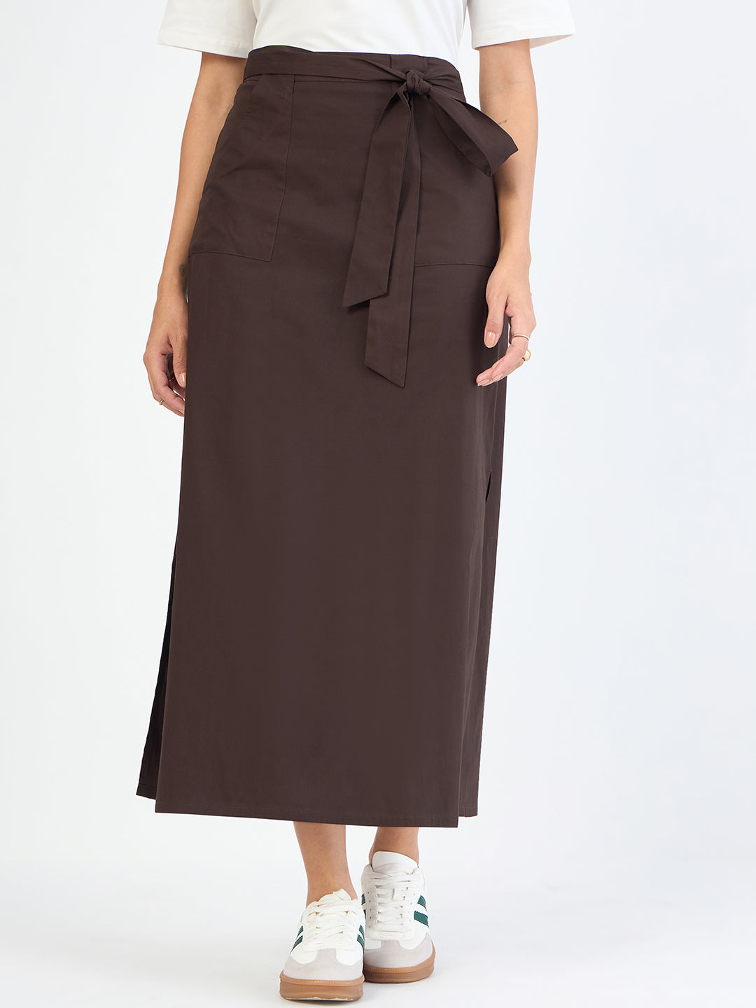 Coffee Brown Poplin Tie-Up Maxi Skirt
