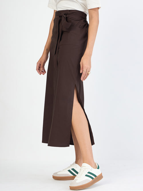 Coffee Brown Poplin Tie-Up Maxi Skirt