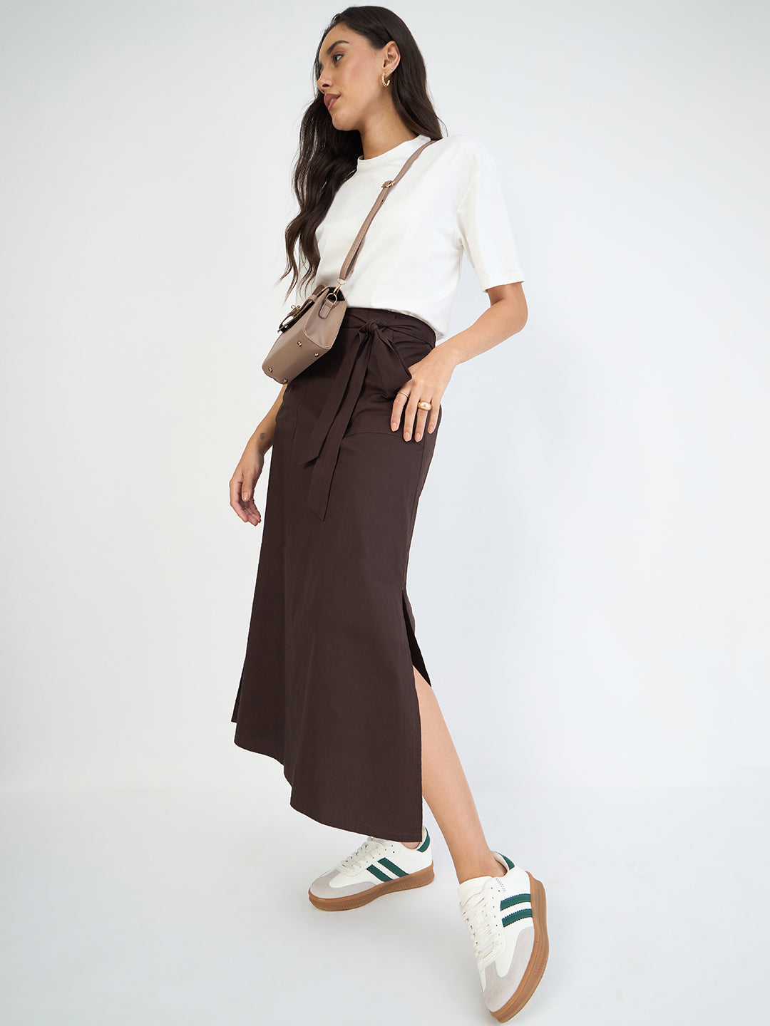 Coffee Brown Poplin Tie-Up Maxi Skirt