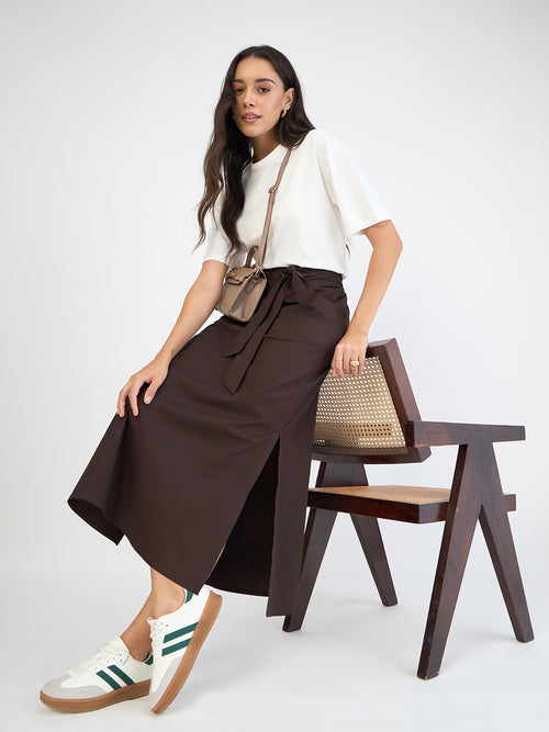 Coffee Brown Poplin Tie-Up Maxi Skirt