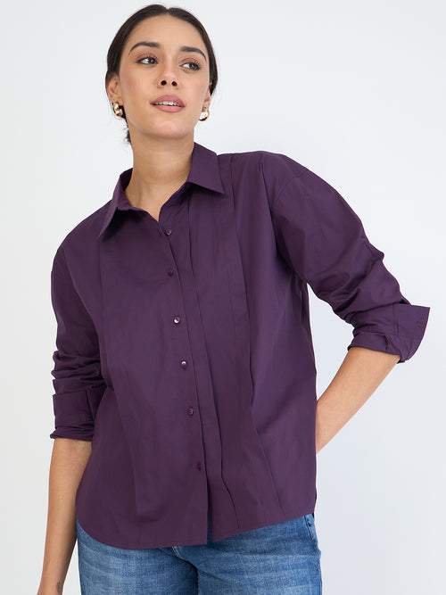 Deep Purple Poplin Pleated Shirt