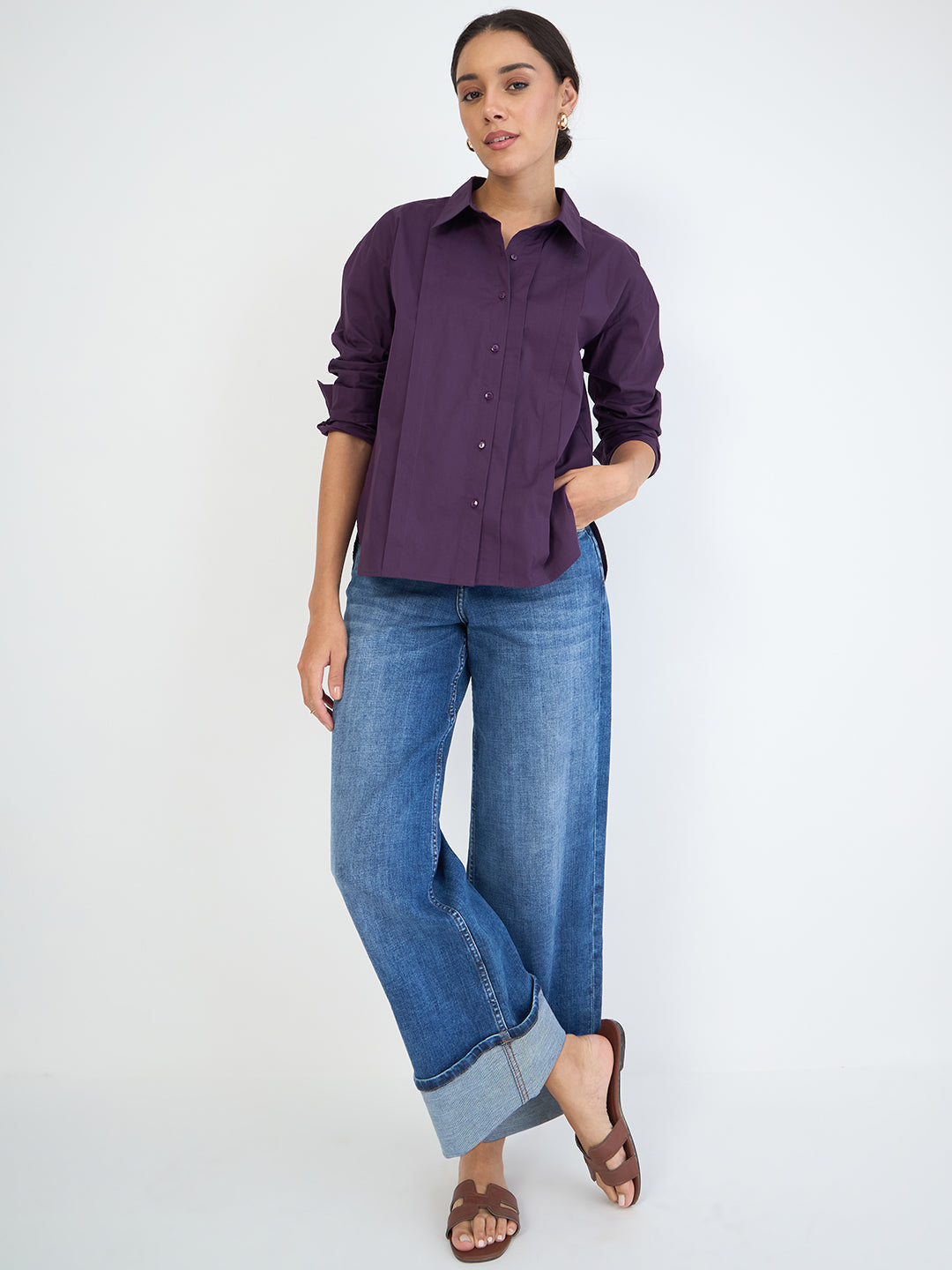 Deep Purple Poplin Pleated Shirt