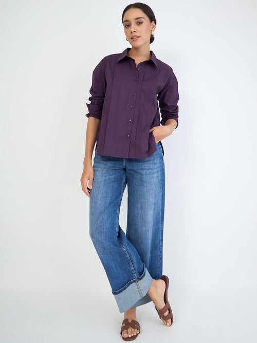 Deep Purple Poplin Pleated Shirt