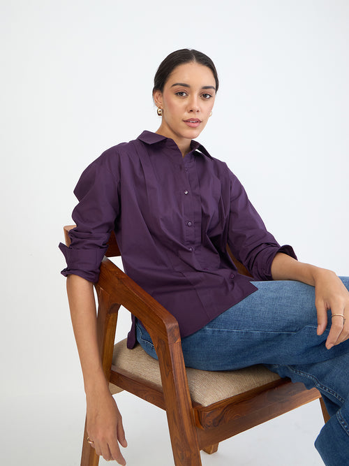 Deep Purple Poplin Pleated Shirt