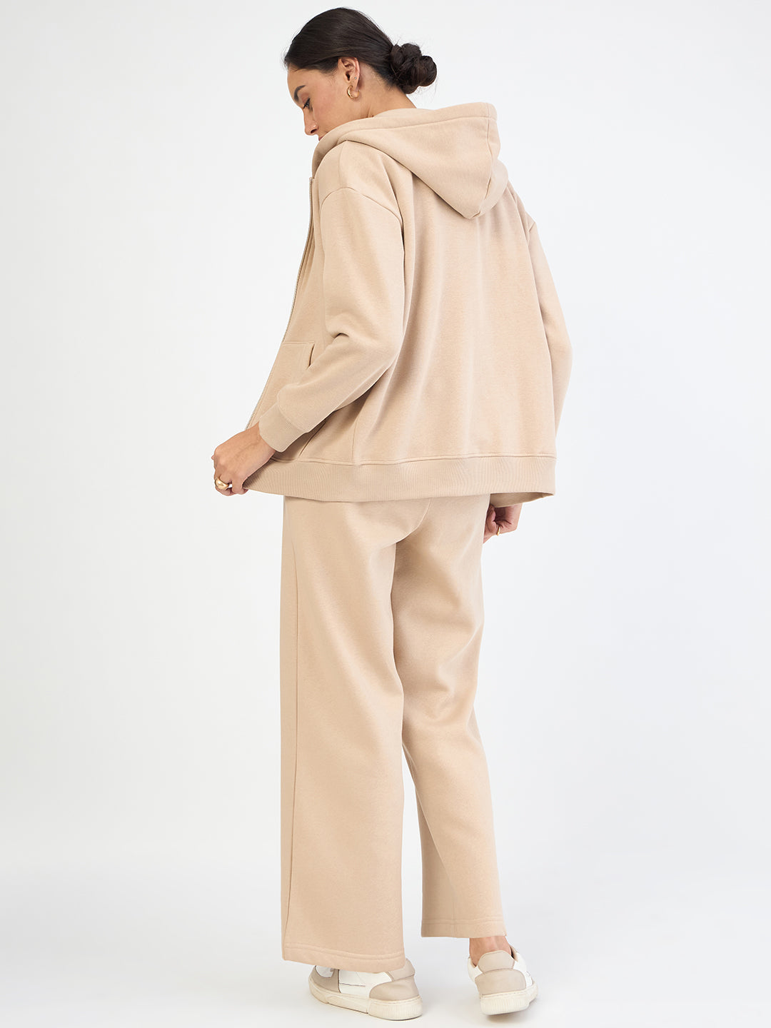 Beige Zip-Up Fleece Hoodie