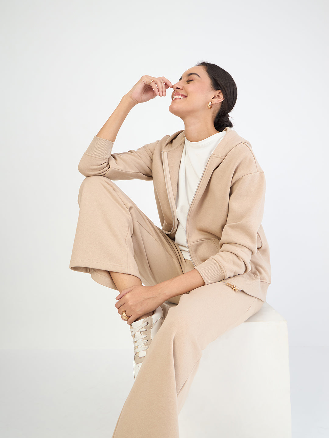 Beige Zip-Up Fleece Hoodie