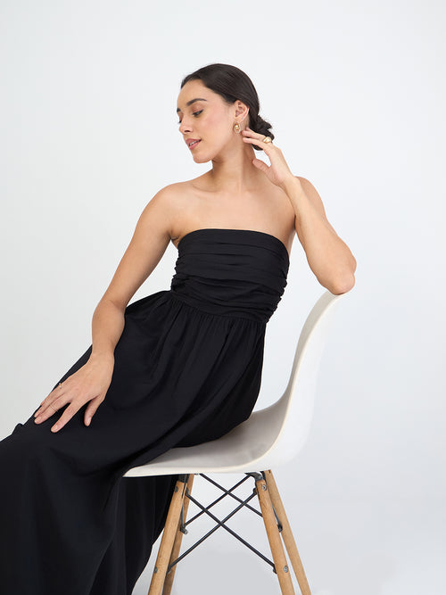 Black Off Shoulder Ruched Detail Maxi Dress