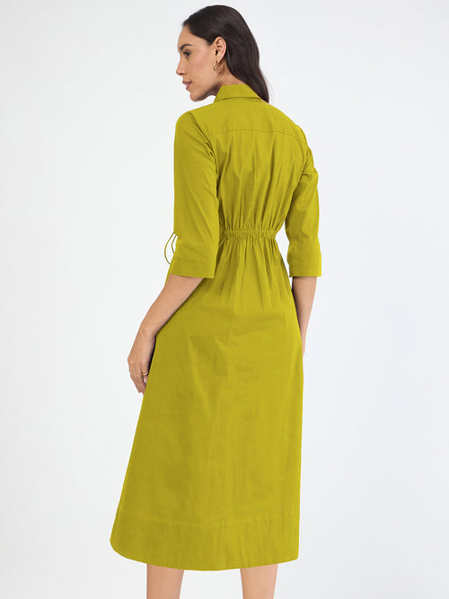 Citrine Green Poplin Cinched Waist Midi Dress