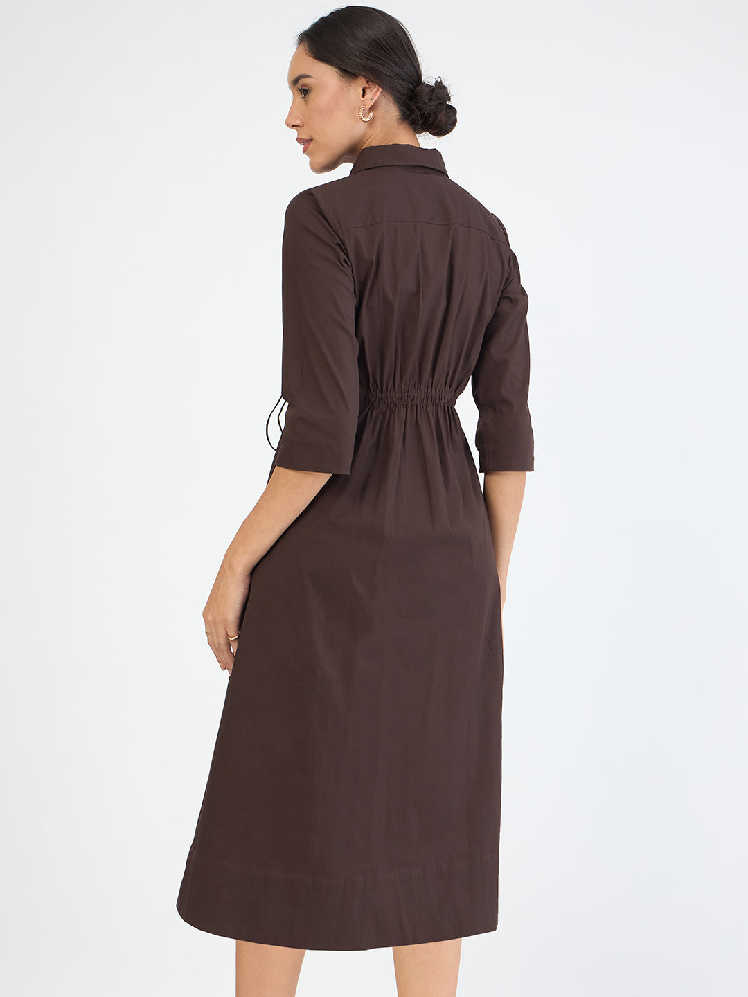 Coffee Brown Poplin Cinched Waist Midi Dress