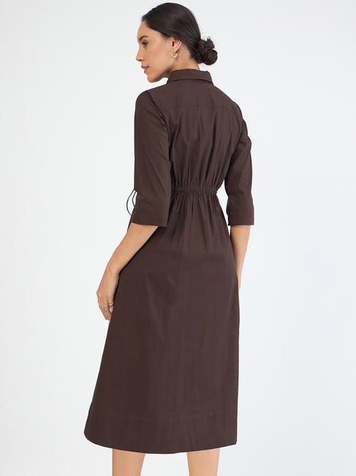 Coffee Brown Poplin Cinched Waist Midi Dress