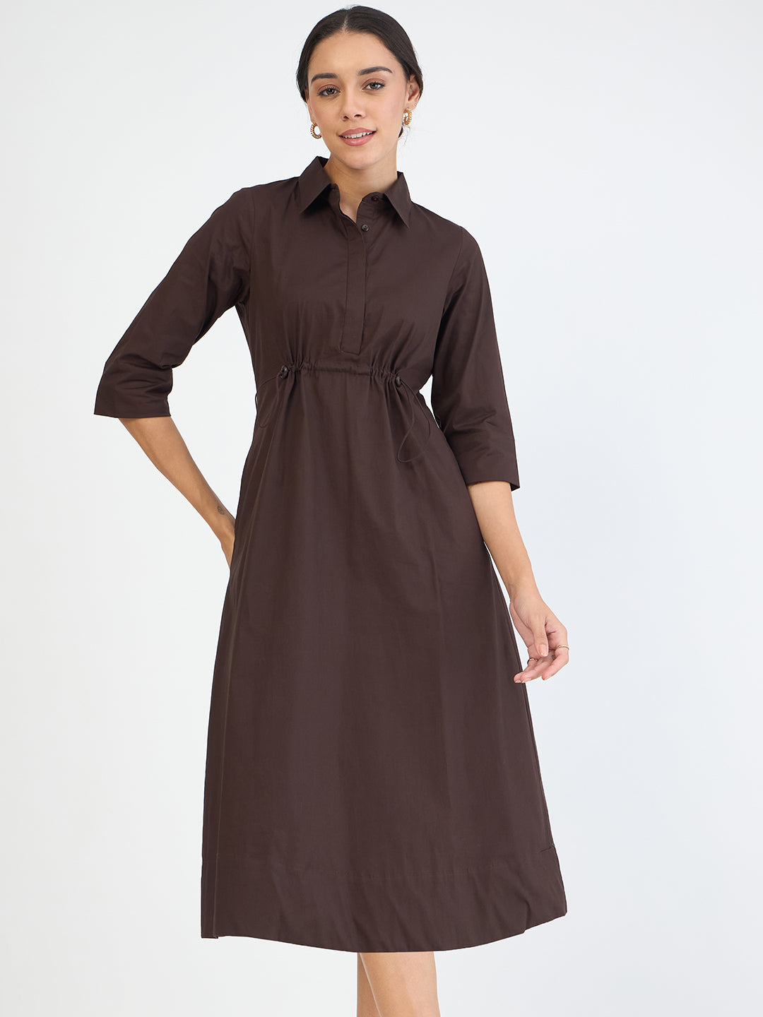 Coffee Brown Poplin Cinched Waist Midi Dress
