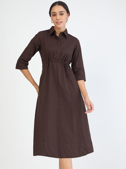 Coffee Brown Poplin Cinched Waist Midi Dress