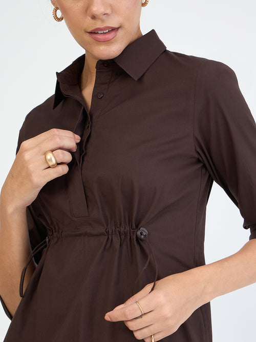Coffee Brown Poplin Cinched Waist Midi Dress