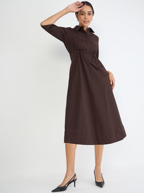 Coffee Brown Poplin Cinched Waist Midi Dress
