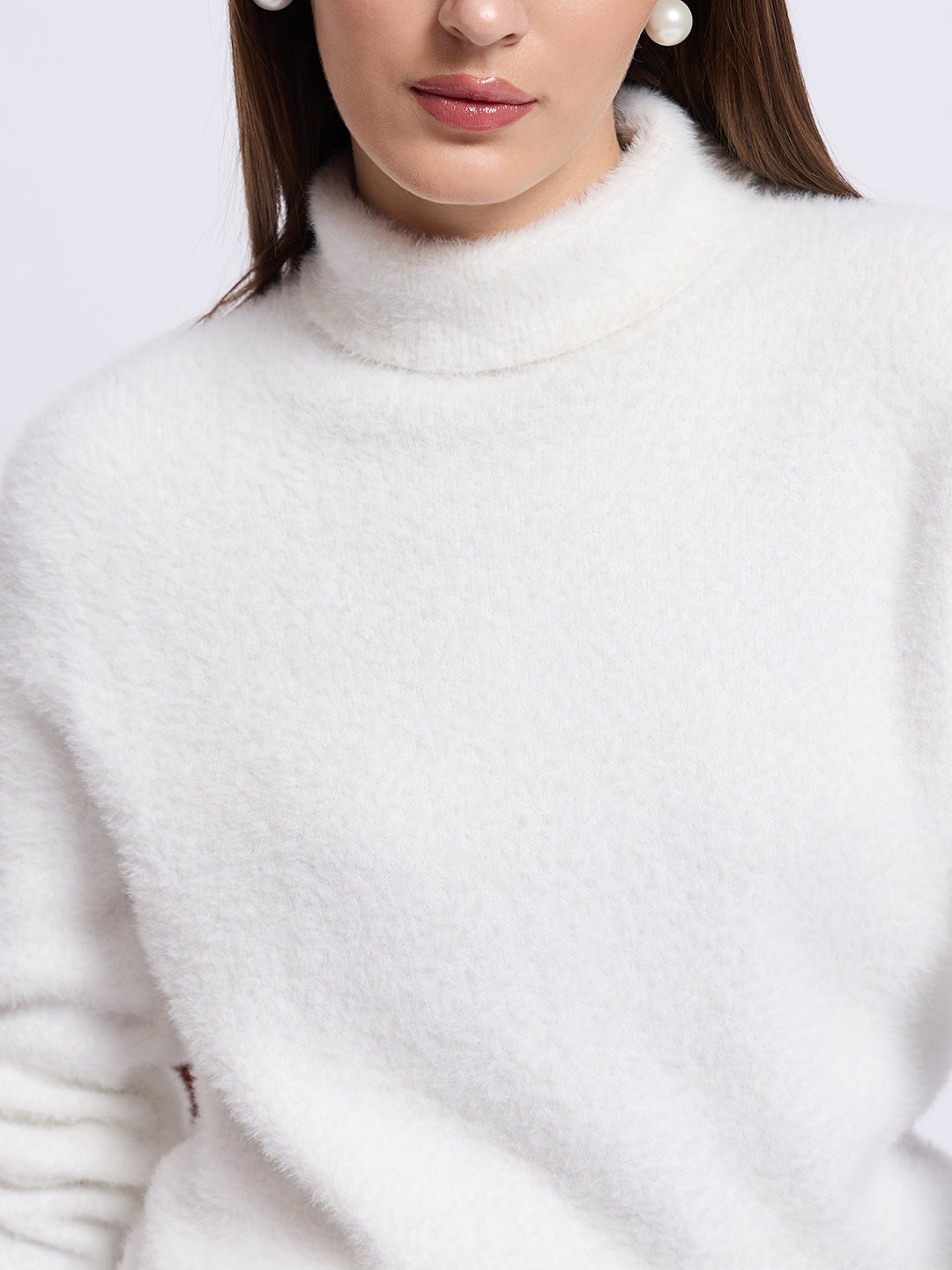 White Fur High Neck Sweater